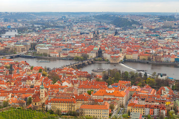 Panoramic view of old town with tiled roofs, Prague, Czech Republic
