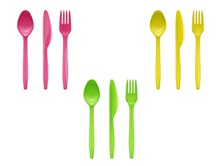 Vector 3d realistic set of disposable plastic tableware, knives, spoons, forks used for eating or serving food, isolated on background. Colorful cutlery for picnic, party, mockup of eco kitchenware