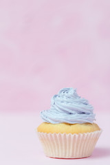 Cupcake decorated with violet buttercream on pastel pink background. Sweet beautiful cake. Vertical banner, greeting card for birthday, wedding, women's day. Close up photography. Selective focus