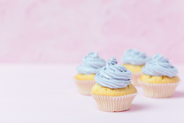 Cupcake decorated with violet buttercream on pastel pink background. Sweet beautiful cake. Horizontal banner, greeting card for birthday, wedding, women's day. Close up photography. Selective focus