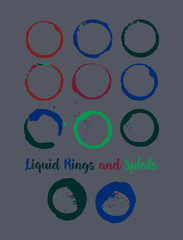 Coffee Rings and Splats. Vector Vintage Coffee Shop Logo Stamp. Colorful Water Splatter. Round Borders, Frames, Cup, Mug Stains, Liquid Coffee Rings, Watercolor Splats. Dark Grey, Orange, Blue Frames