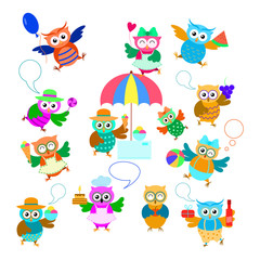 Obraz premium Funny cartoon owls set with fruit, ice cream, cake, ball. Cute owls character with speech bubble.