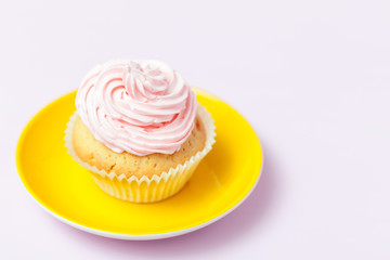 Cupcake decorated with pink buttercream in bright yellow plate on pastel pink background. Sweet beautiful cake. Horizontal banner, greeting card, congratulation. Close up photography. Selective focus