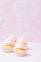 Cupcake decorated with pink buttercream on pastel pink background. Sweet beautiful cake. Vertical banner, greeting card for birthday, wedding, women's day. Close up photography. Selective focus