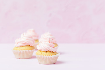 Cupcake decorated with pink buttercream on pastel pink background. Sweet beautiful cake. Horizontal banner, greeting card for birthday, wedding, women's day. Close up photography. Selective focus