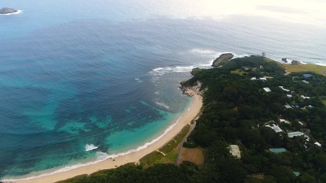 Aerial view of Ned's Beach location on Lord Howe Island (World Heritage-listed paradise) - New South Wales - Tasman Sea - Australia from above, 4k UHD