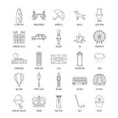 Outline England touristic icons set with state sovereignty elements national and cultural traditions symbols isolated vector illustration. British simbols and showplaces - obrazy, fototapety, plakaty