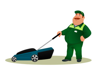 Funny cartoon farmer with lawn mower. Smiling fat character gardener man in green suit cutting grass isolated on white background. Happy flat worker from lawn care service Colorful vector illustration