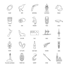 New Zealand line icons set. Vector illustration with New Zealand simbols, food, drink, architecture and religion objects. Elements for web and travel design