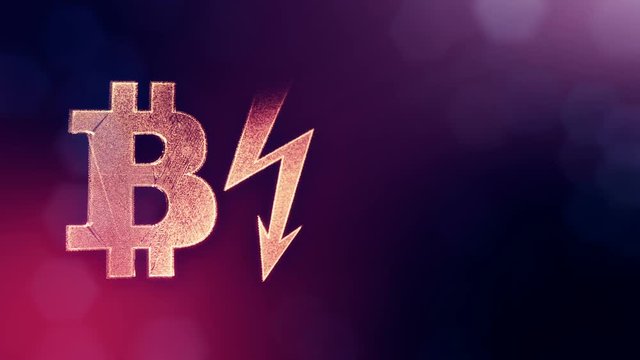 bitcoin icon and lightning bolts. Financial background made of glow particles as vitrtual hologram. Shiny 3D seamless animation with depth of field, bokeh and copy space.Violet background 1