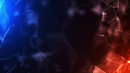 3D abstract technology with intersections and particles. Network of lines with sphere shape. Lens flare effect.