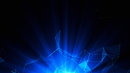 3D abstract technology with intersections and particles. Network of lines with sphere shape. Lens flare effect.