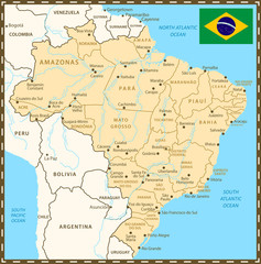 Brazil map with neighboring countries and rivers. Administrative devision on regions.