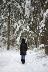 Back view on walking woman in winter snowy forest