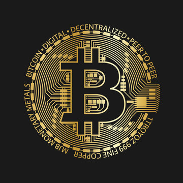 Golden bitcoin coin, vector crypto currency golden symbol isolated on black background, blockchain technology