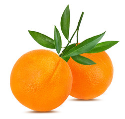 Juicy orange with leafs isolated on white background with clipping path