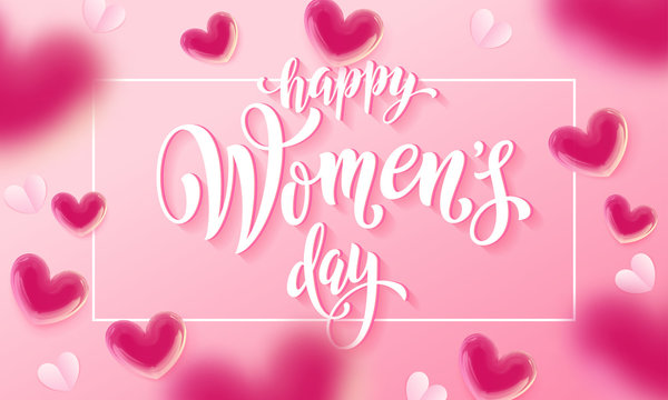 Happy women's day banner with ballon heart on romantic pink background. Vector 8 March greetings text poster for mother's day. International women's day flyer background template