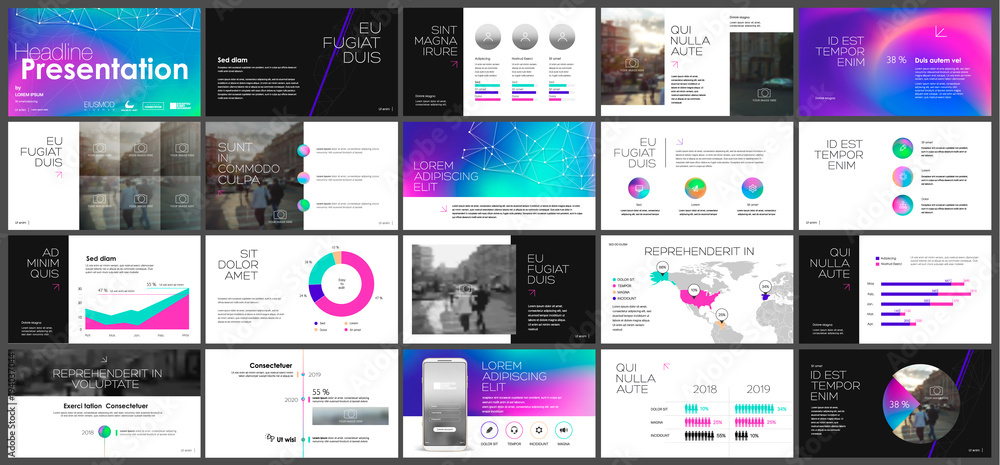 Poster presentation template with a palette of chameleon holographic flickering colors. vector infographics