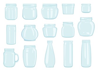 Set of transparent glass jars. Vector illustration.