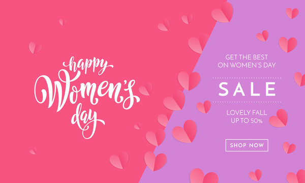 Women's day sale poster or banner for Mother's day holiday shop seasonal discount offer. Vector International Women's Day on 8 March design template of pink hearts pattern on purple pink background