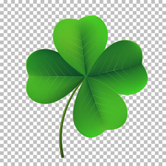 Vector four-leaf shamrock clover icon. Lucky fower-leafed symbol of Irish beer festival St Patrick's day. 3d realistic vector green grass clover isolated on transparent background