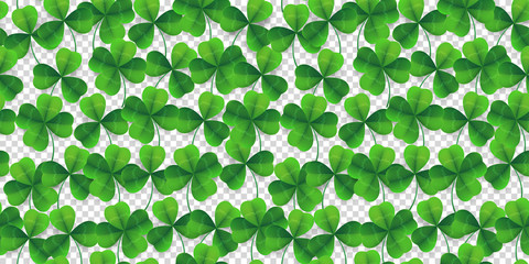 Vector four-leaf clover seamless pattern background. Lucky fower-leafed green background for Irish beer festival St Patrick's day. 3d realistic vector green grass clover isolated pattern background