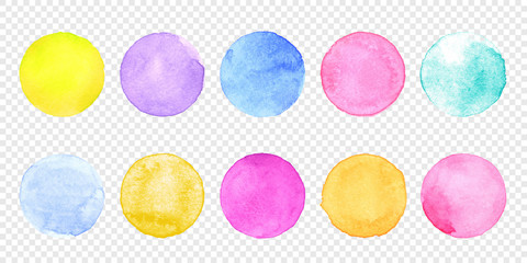 Color watercolor circle set. Vector smear watercolour splash stain on transparent background. Round hand drawn watercolor background with yellow, blue, red, pink, orange, green ink color. - obrazy, fototapety, plakaty