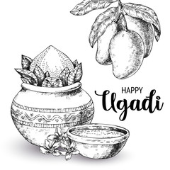Happy Ugadi. Template greeting card for holiday. Sketch Style