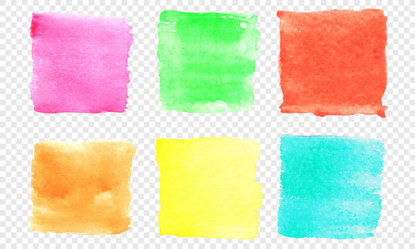 Square watercolor banner set. Vector color smear of watercolour splash stain on transparent background. Round hand drawn watercolor background with yellow, blue, red, pink, orange, green ink color.