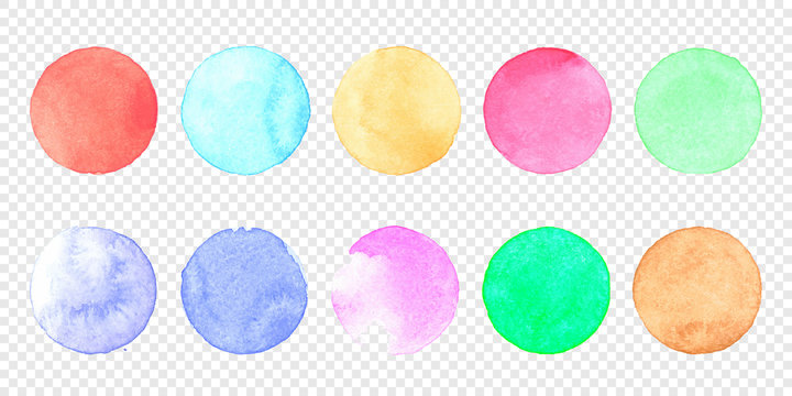 Vector pastel watercolor circle set. Color smear of watercolour splash stain on transparent background. Round hand drawn watercolor background with yellow, blue, red, pink, orange, green ink color.