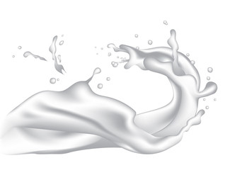 Obraz na płótnie Canvas 3d realistic twisted milk splash with drops. Isolated yogurt cream surfing wave on white background. EPS10 Vector