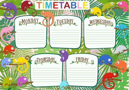 School schedule with cute chameleons. Vector illustration