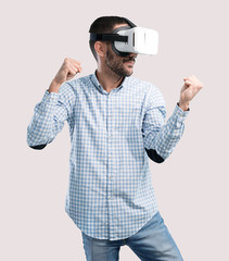 Fighter young man with a virtual reality glasses
