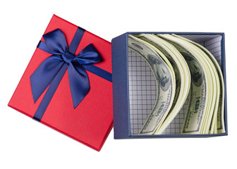 Gift box inside money dollars