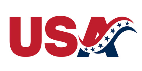 Blue and red USA banner sign with abstract flag and stars. United States of America icon design. Vector illustration. © JoelMasson