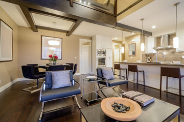 Modern, bright, kitchen and  dining room in a luxury house. Interior design.