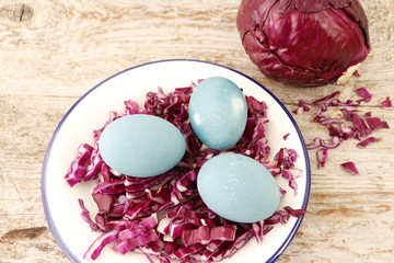 The concept of staining eggs with natural means. Eggs stained in broth of red cabbage.