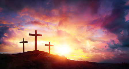 Crucifixion Of Jesus Christ  At Sunrise - Three Crosses On Hill
 - obrazy, fototapety, plakaty
