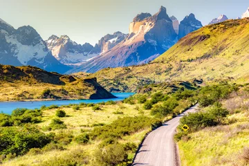 Fotobehang Cuernos del Paine Kronkelende weg in Parque National Torres del Paine