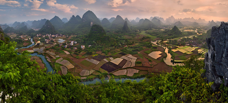 Landscape Of Guilin, Li River ,Karst Mountains Near Yangshuo County, Guilin City, Guangxi Province, China.