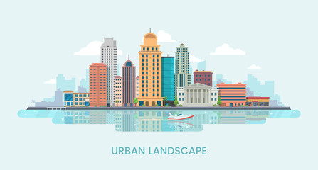Naklejka premium Urban landscape vector illustration. Big city landscape background with skyscrapers on the water's edge. City modern buildings on the shore. Eps 10