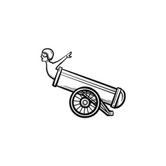 Stuntman in the cannon hand drawn outline doodle icon. Circus trick with stuntman and cannon vector sketch illustration for print, web, mobile and infographics isolated on white background.