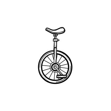 One wheel bicycle hand drawn outline doodle icon. Bicycle with one wheel used in acrobatics performers vector sketch illustration for print, web, mobile and infographics isolated on white background.