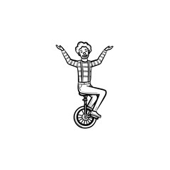 Clown riding a one wheel bicycle hand drawn outline doodle icon. Circus artist on one wheel bike vector sketch illustration for print, web, mobile and infographics isolated on white background.