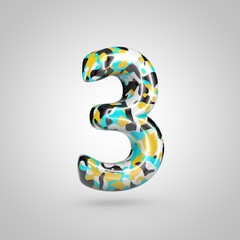 Naklejka premium Camouflage number 3 with cyan, black and yellow camouflage pattern isolated on white background.