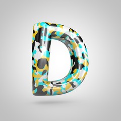 Camouflage letter D uppercase with cyan, black and yellow camouflage pattern isolated on white background.