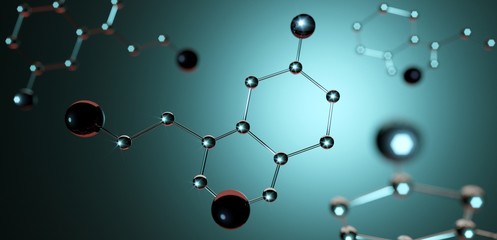 3d illustration. Model of serotonin molecule, Hormone of Happiness. - obrazy, fototapety, plakaty
