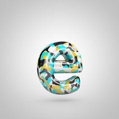 Camouflage letter E lowercase with cyan, black and yellow camouflage pattern isolated on white background.