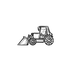 Fototapeta na wymiar Buldozer with moving backhoe hand drawn outline doodle icon. Buldozer vector sketch illustration for print, web, mobile isolated on white background. Construction industry and machinery concept.