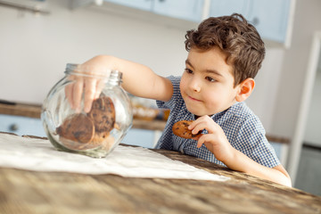 I love cookies. Handsome delighted little dark-haired boy sitting at the table and eating a cookie...